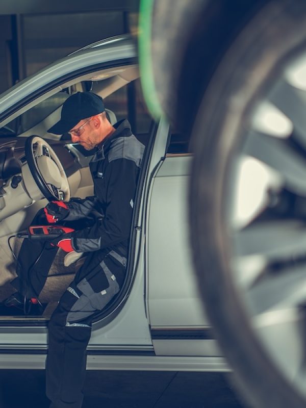 Automotive Technician Job. Auto Service Worker with Plug In Computer Diagnostic Vehicle Engine.